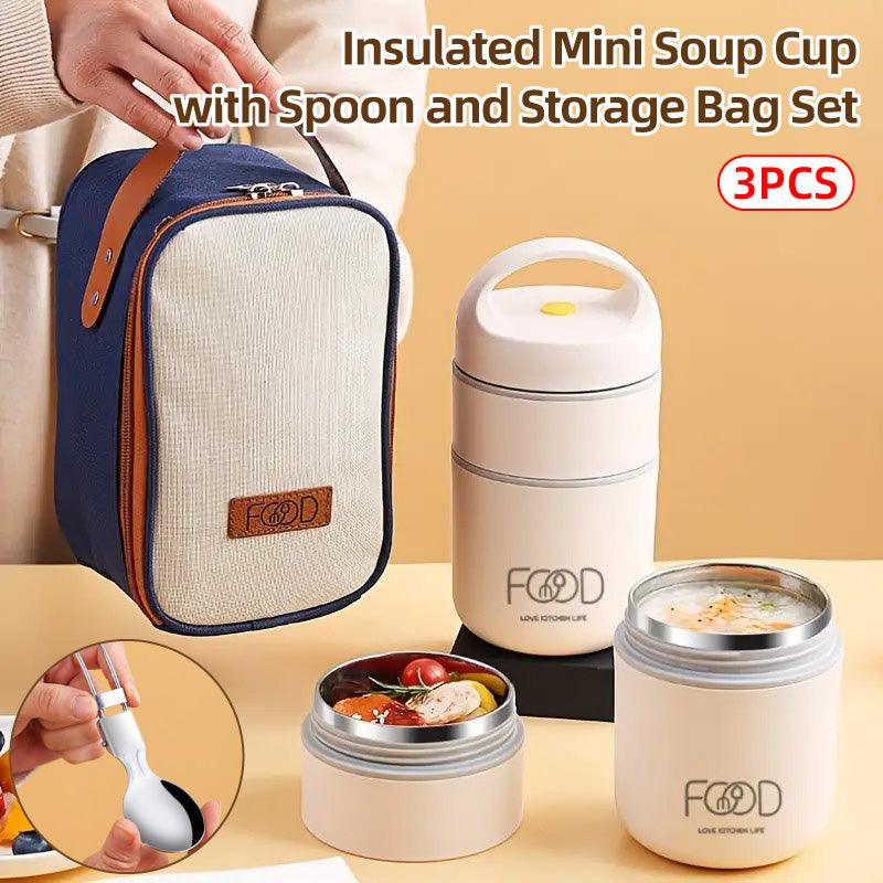 3pcs Insulated Soup Cup Set 9.6×19.5cm with Folding Spoon & Storage Bag - SuperSaverAU - view 1