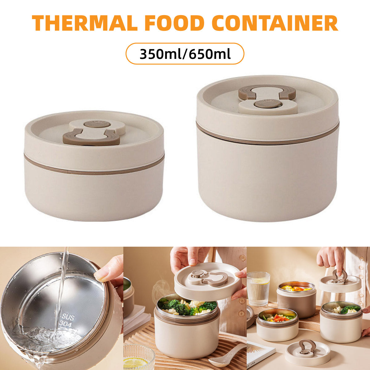 Premium Insulated Stainless Steel Lunch Container – Beige 350ml
