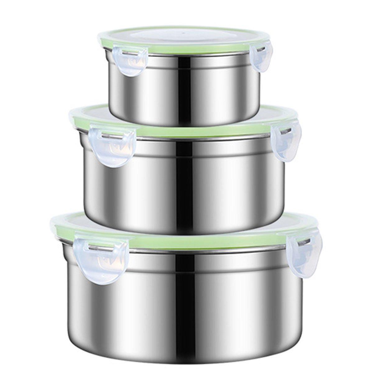 3PCS Stainless Steel Sealed Crisper Storage Box with Lid Round Food Lunch Box - White