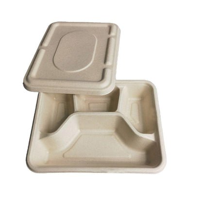 25/50pcs Biodegradable Lunch Box Microwaveable Tray with Compartment Paper Lid - 800ml-50pcs
