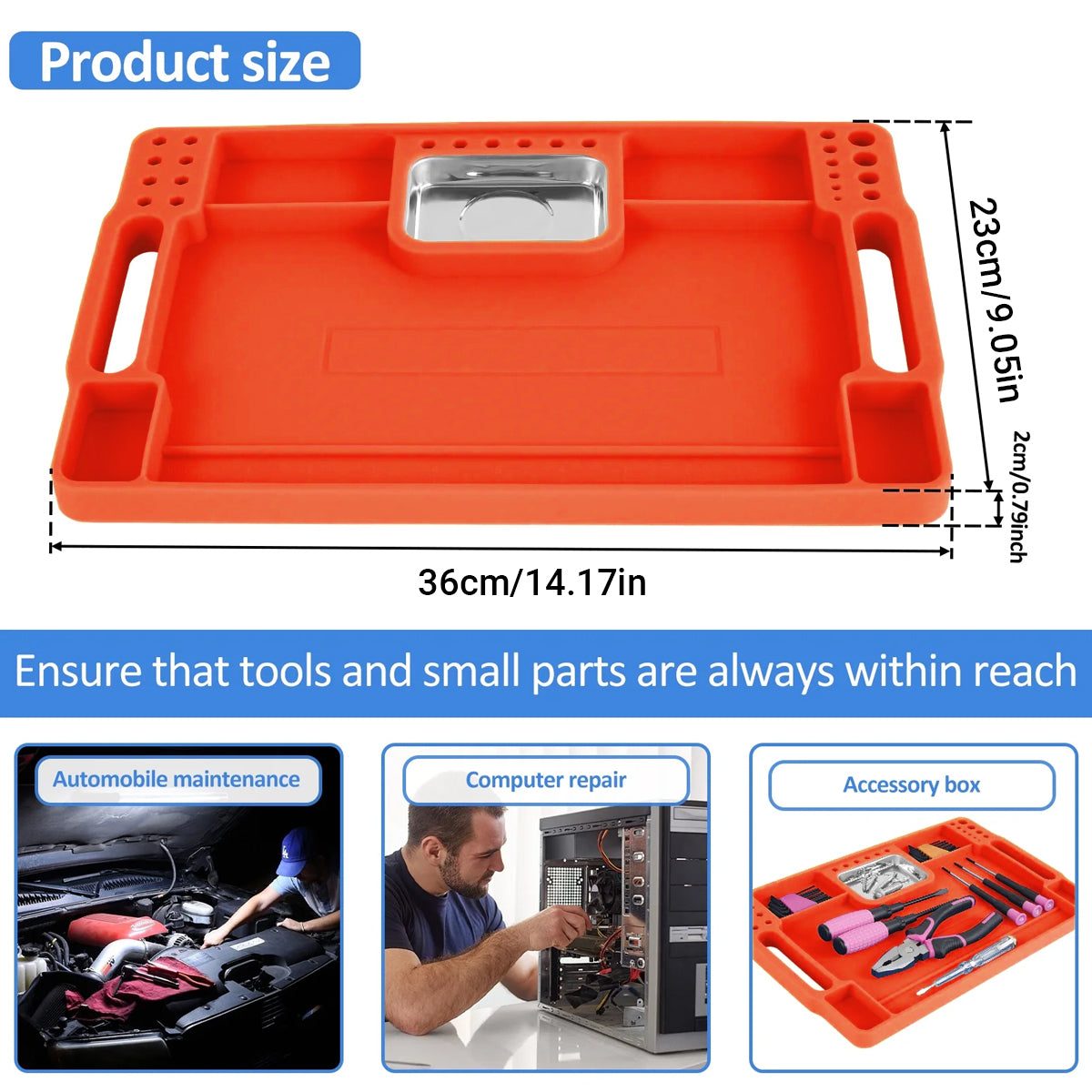Silicone Tool Tray with Magnetic Stainless Steel Organizer - 36cm