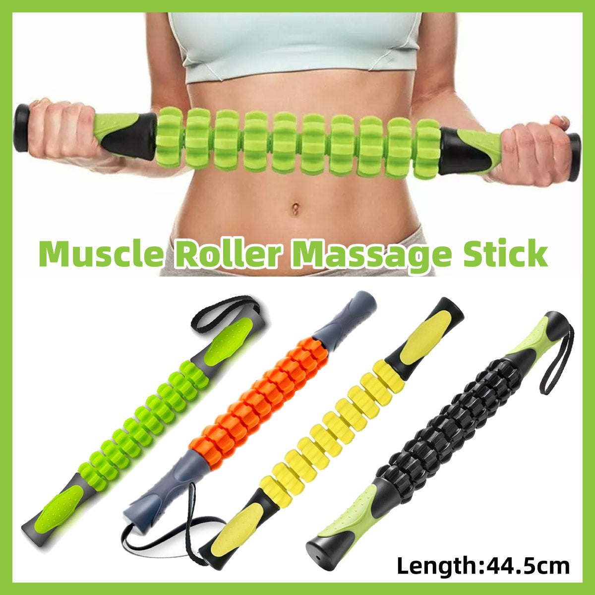 Premium Muscle Roller Stick with Gear-Shaped Roller & Anti-Slip Handles - Green