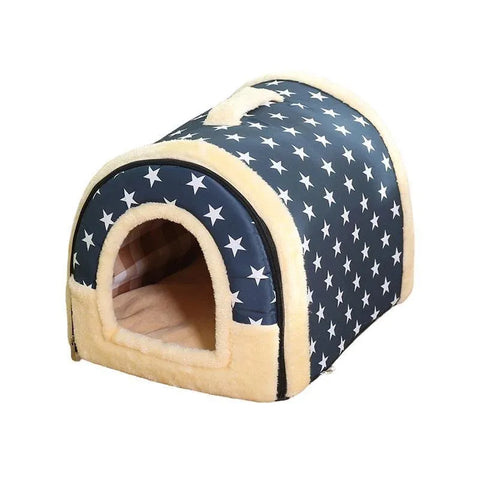 Pet House Soft Igloo Bed for Cats & Dogs, S Size, Blue Stars, Warm Cushion