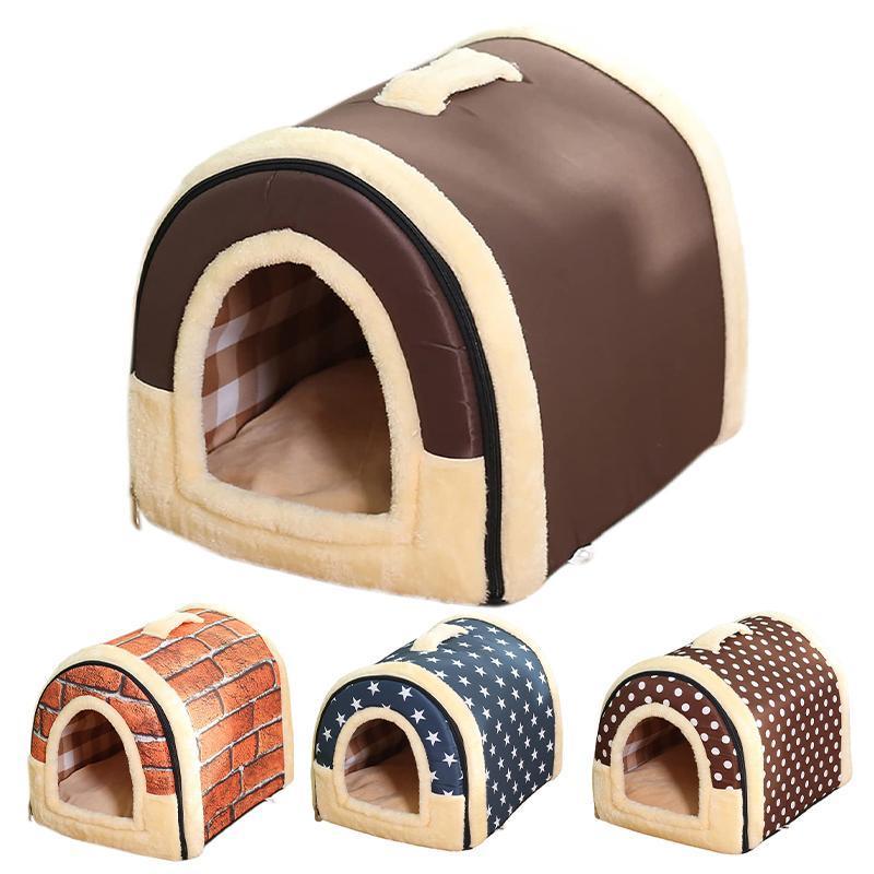 L Size Brown Dots Pet House Kennel Soft Igloo Bed for Cats & Puppies - Warm Cushion