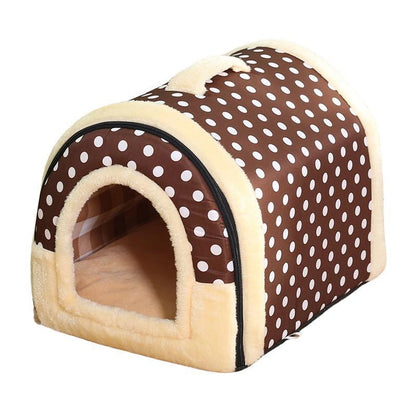 L Size Brown Dots Pet House Kennel Soft Igloo Bed for Cats & Puppies - Warm Cushion
