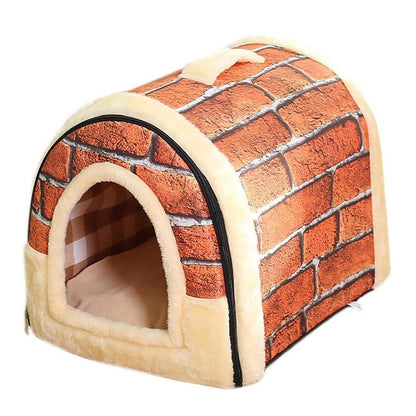 L Size Brown Dots Pet House Kennel Soft Igloo Bed for Cats & Puppies - Warm Cushion