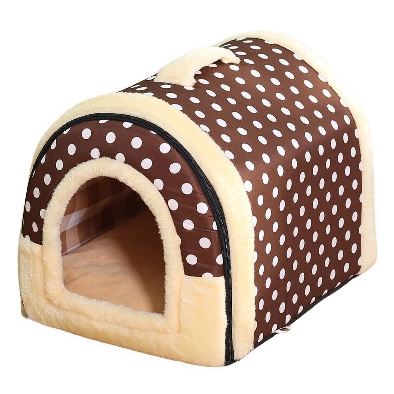 XL Soft Igloo Pet House Bed - Warm Cushion for Cats & Dogs - Brown Dots
