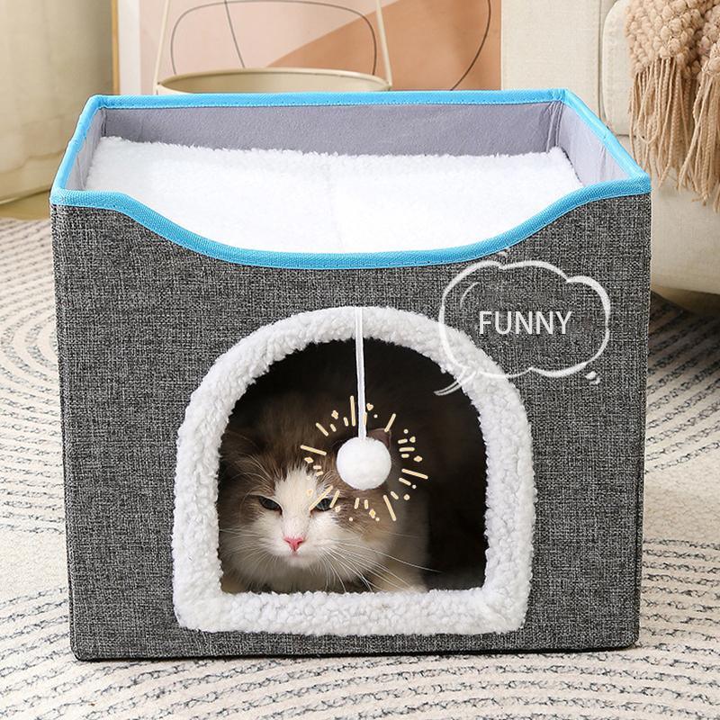 Foldable Cat Bed Hideaway with Scratching Board, 42x42x35cm, Dark Grey - SuperSaverAU - view 5