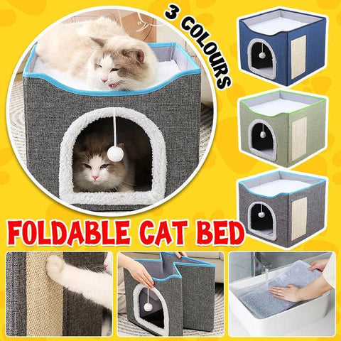 Foldable Cat Bed Hideaway with Scratching Board, 42x42x35cm, Navy - SuperSaverAU - view 1