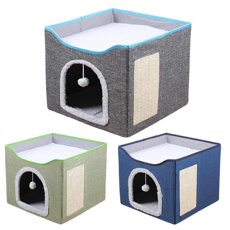 Foldable Cat Bed Hideaway with Scratching Board, 42x42x35cm, Navy - SuperSaverAU - view 2