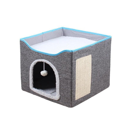 Foldable Cat Bed Hideaway with Scratching Board, 42x42x35cm, Navy
