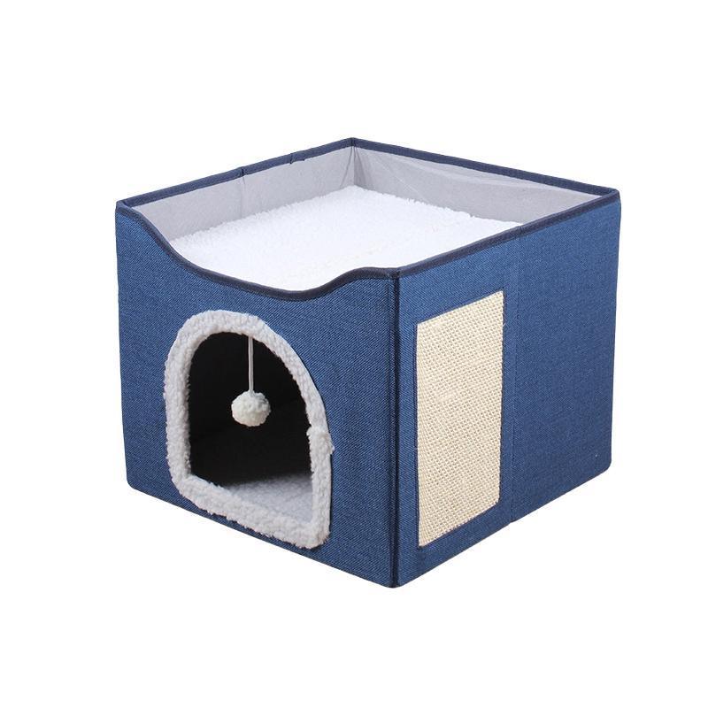 Foldable Cat Bed Hideaway with Scratching Board, 42x42x35cm, Navy - SuperSaverAU - view 7