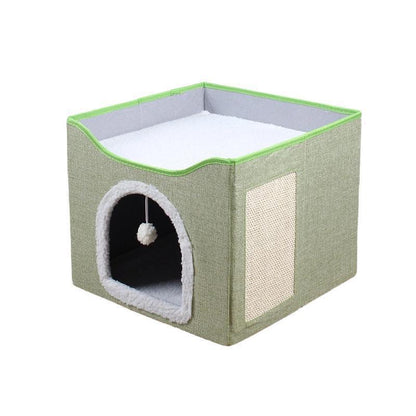 Foldable Cat Bed Hideaway with Scratching Board, 42x42x35cm, Navy
