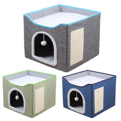 Foldable Cat Bed Hideaway with Scratching Board, 42x42x35cm, Light Green