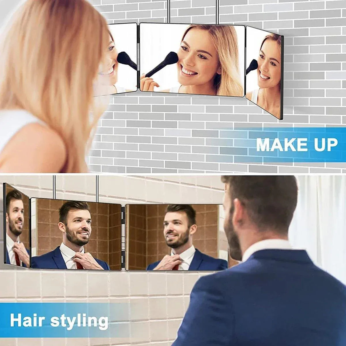 Premium 3-Way Hanging Hair Cutting Mirror Foldable No-Drill Grooming Mirror