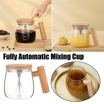 Premium Self-Stirring Electric Mug with Woodgrain Handle - Clear Glass