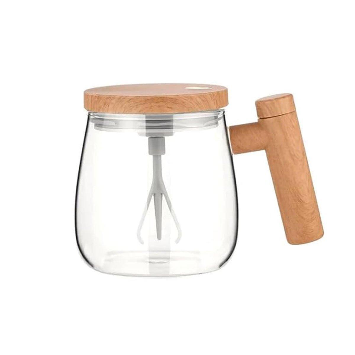 Premium Self-Stirring Electric Mug with Woodgrain Handle - Clear Glass