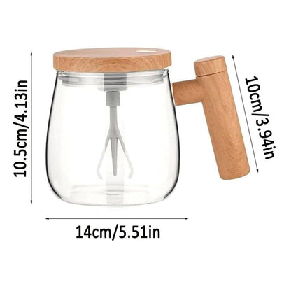 Premium Self-Stirring Electric Mug with Woodgrain Handle - Clear Glass