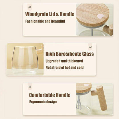Premium Self-Stirring Electric Mug with Woodgrain Handle - Clear Glass