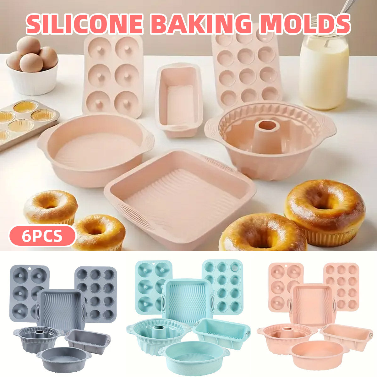 6PCS Silicone Cake Mould Set Baking Pans Nonstick Cupcake Cookie Tools Reusable - Grey