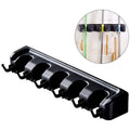 Premium Grey Wall Mounted Mop Broom Holder 5 Slots 6 Hooks Kitchen Storage Rack