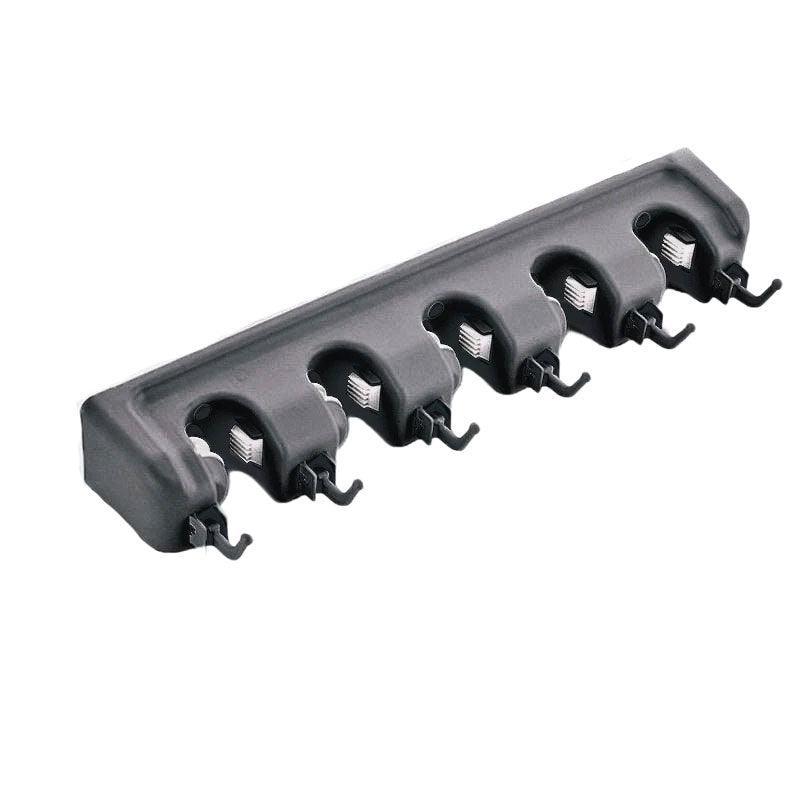 Premium Grey Wall Mounted Mop Broom Holder 5 Slots 6 Hooks Kitchen Storage Rack