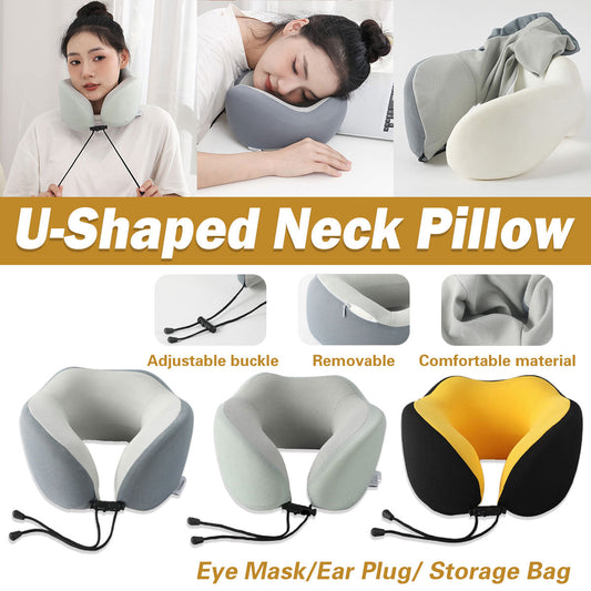 Memory Foam U Shaped Neck Pillow Travel Portable Office Nap Support Pillow - Black