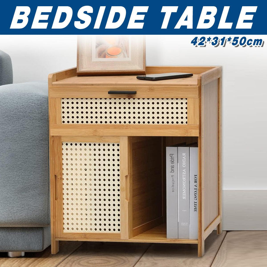 Premium Bamboo Bedside Cabinet Nightstand with Drawer and Rattan Doors 50cm