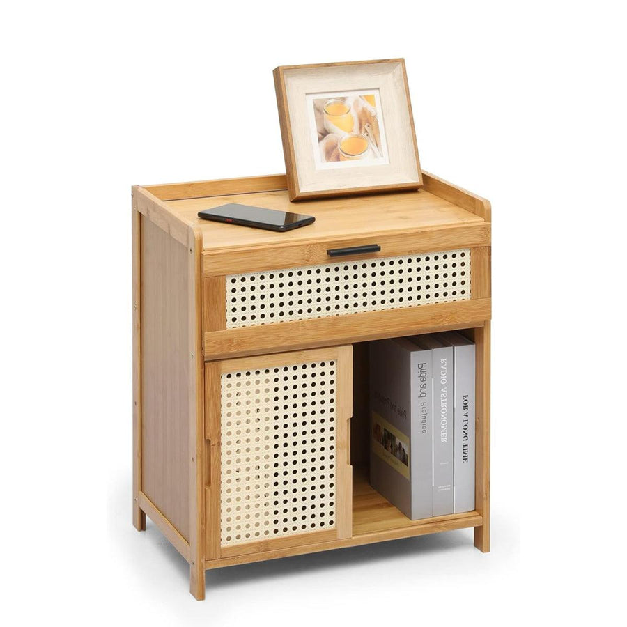 Premium Bamboo Bedside Cabinet Nightstand with Drawer and Rattan Doors 50cm
