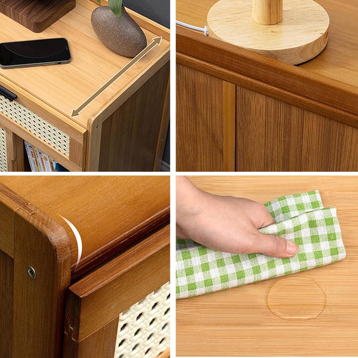 Premium Bamboo Bedside Cabinet Nightstand with Drawer and Rattan Doors 50cm