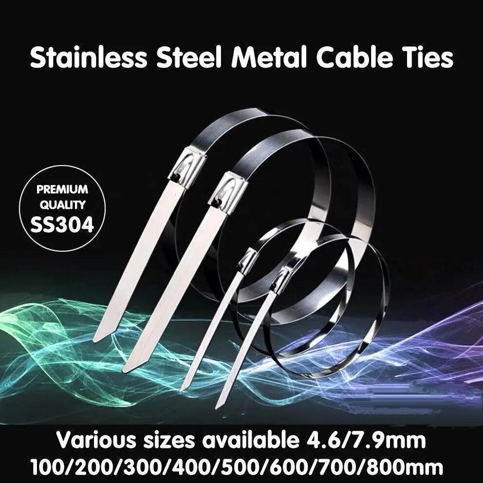 100pcs Stainless Steel Cable Ties - Marine Grade SS304 Zip Strap 100-800mm