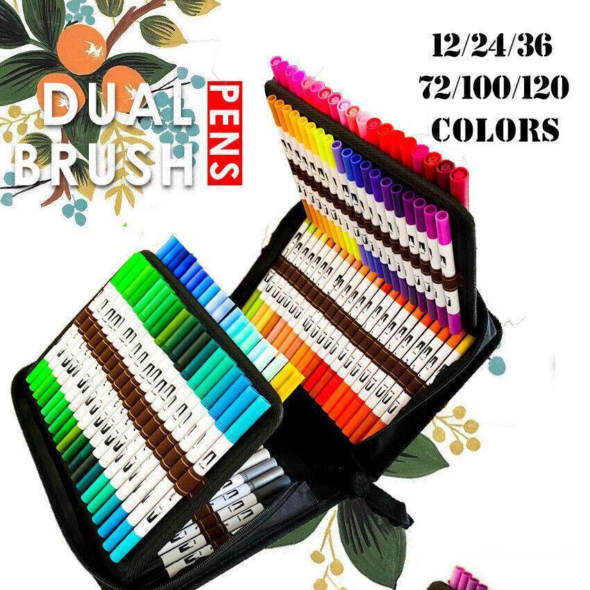 Watercolor Brush Pen Set - 12/24/36/48/72/120 Colours, Dual Tip, Non-Toxic
