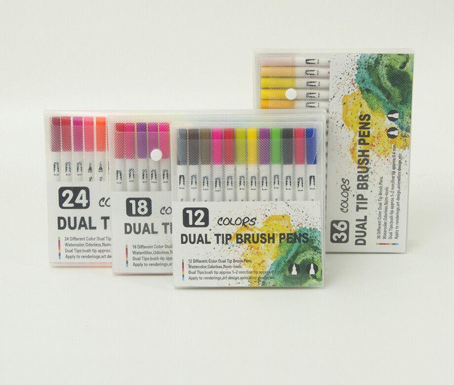 Watercolor Brush Pen Set - 12/24/36/48/72/120 Colours, Dual Tip, Non-Toxic