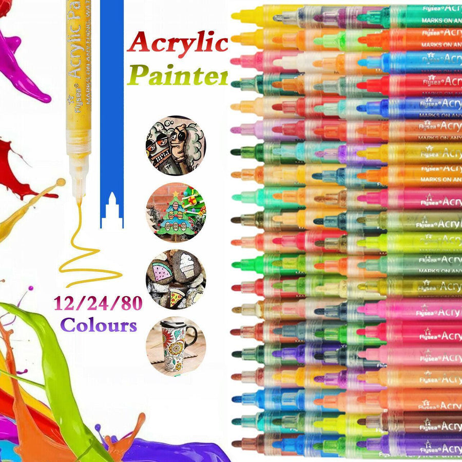 Flysea Acrylic Paint Markers – 12 Colour Set with Fine 0.7mm Tips