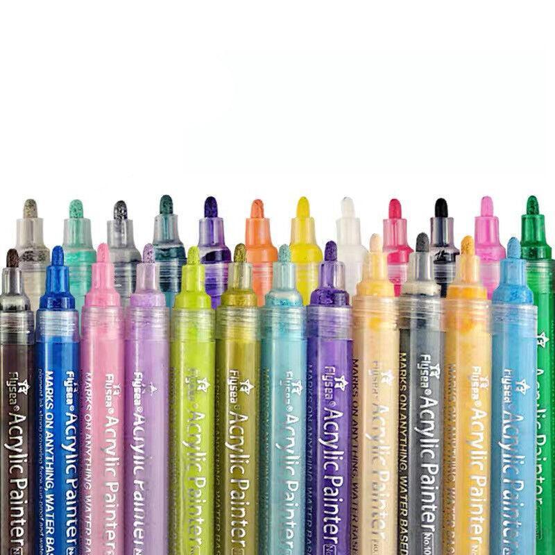 Flysea Acrylic Paint Markers – 12 Colour Set with Fine 0.7mm Tips