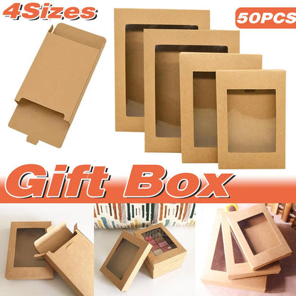 50PCS Kraft Paper Gift Boxes with PVC Window for Bakery & Gifts - White/Black/Brown