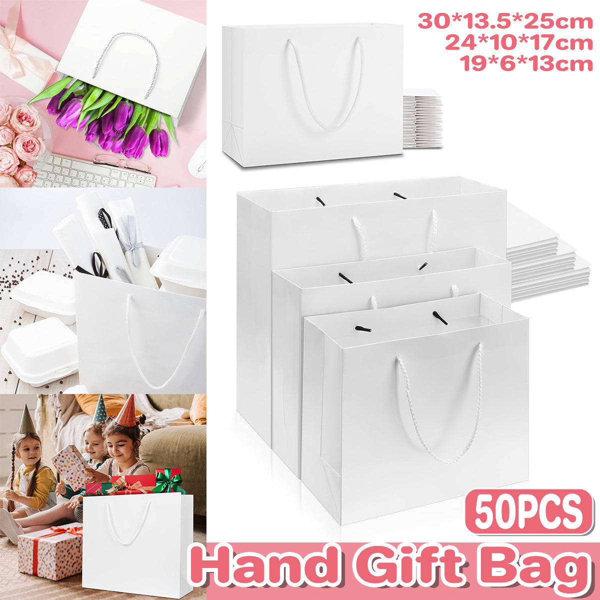 50PCS Kraft Paper Gift Bags Custom Blank Shopping Handbags for Garment Packaging - 17x24x10cm - SuperSaverAU - view 1