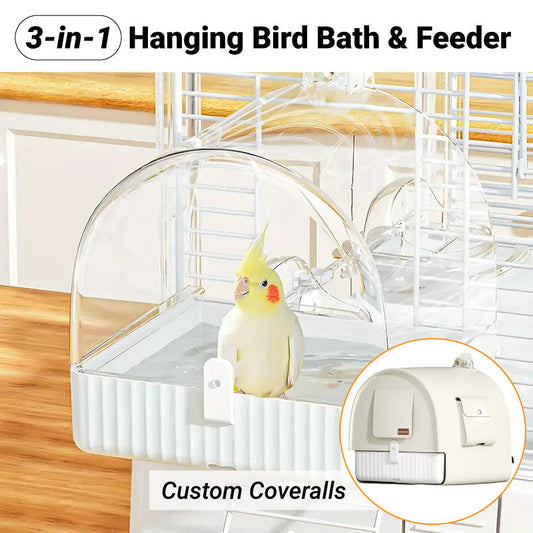 3-in-1 Parrot Bath Basin Bird Bath Box 17.9x17x18.9cm with Clear Cover
