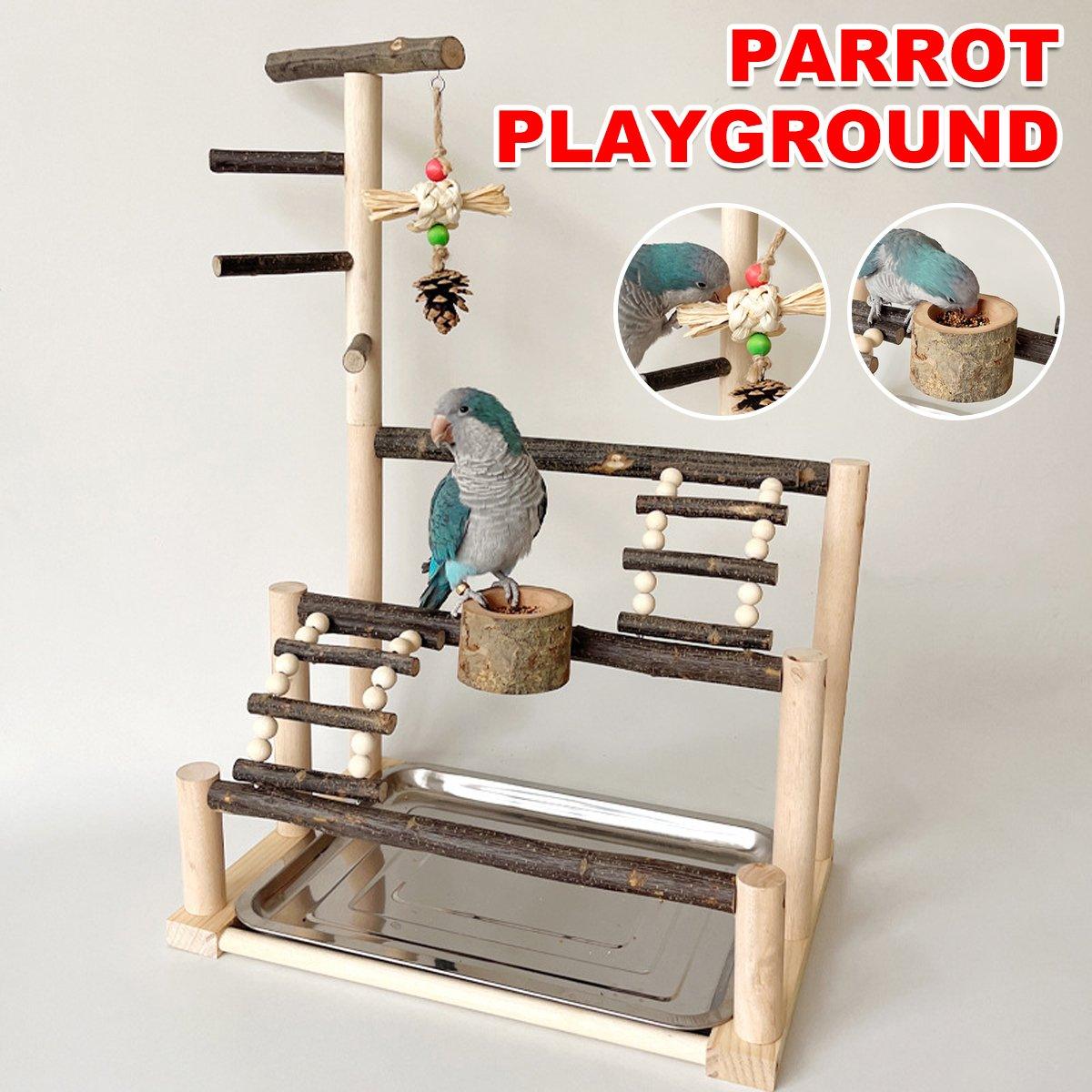 Interactive Wooden Parrot Stand 59cm with Climbing Ladder & Food Bowl
