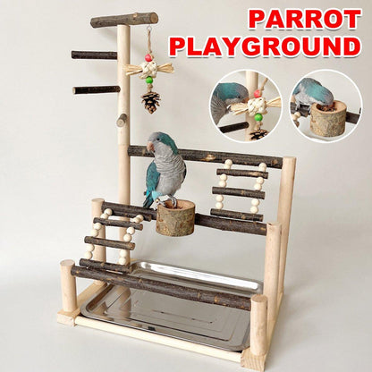 Interactive Wooden Parrot Stand 59cm with Climbing Ladder & Food Bowl