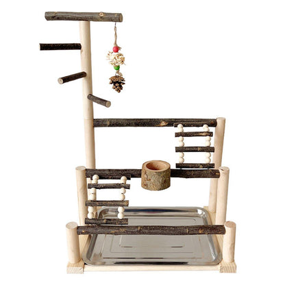 Interactive Wooden Parrot Stand 59cm with Climbing Ladder & Food Bowl