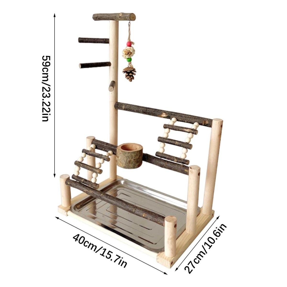 Interactive Wooden Parrot Stand 59cm with Climbing Ladder & Food Bowl