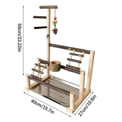 Interactive Wooden Parrot Stand 59cm with Climbing Ladder & Food Bowl