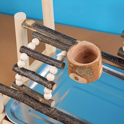 Interactive Wooden Parrot Stand 59cm with Climbing Ladder & Food Bowl