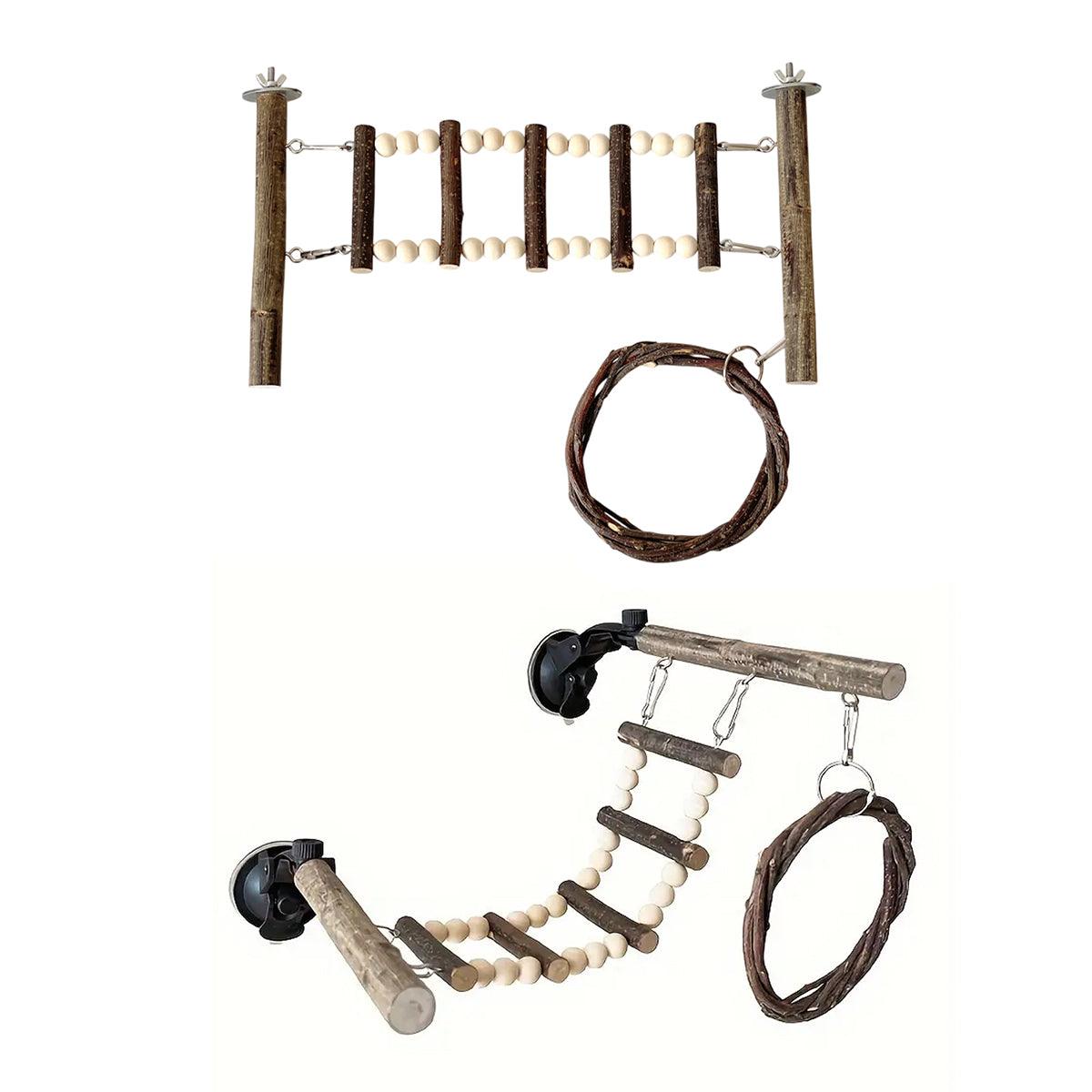 Wooden Parrot Stand Climbing Ladder & Swing Set 14.96x7.87 inches - Suction Cup