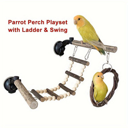 Wooden Parrot Stand Climbing Ladder & Swing Set 14.96x7.87 inches - Suction Cup