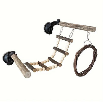 Wooden Parrot Stand Climbing Ladder & Swing Set 14.96x7.87 inches - Suction Cup