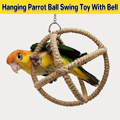 Parrot Toy with Ball Ring & Hemp Rope, 17cm - Interactive Chew & Swing Activity