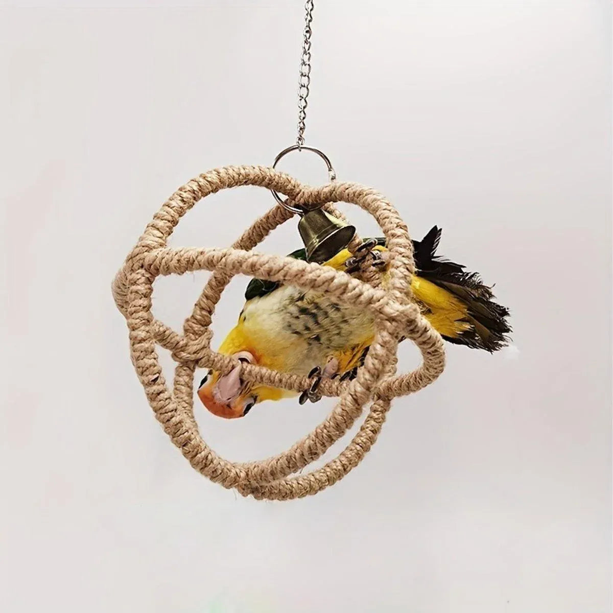 Parrot Toy with Ball Ring & Hemp Rope, 17cm - Interactive Chew & Swing Activity