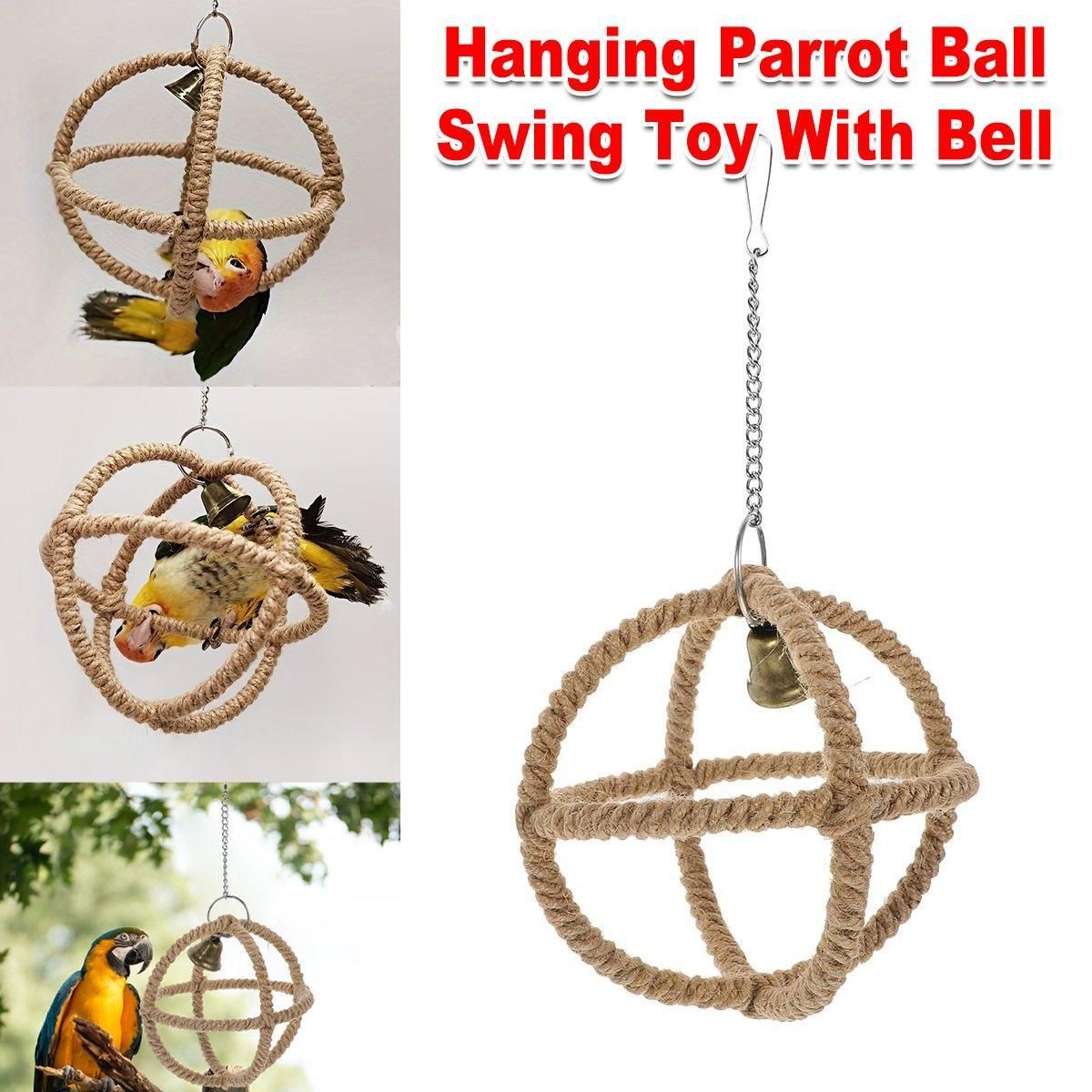 Parrot Toy with Ball Ring & Hemp Rope, 17cm - Interactive Chew & Swing Activity
